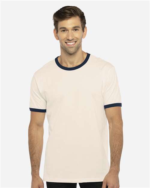 Next Level 3604 Unisex Cotton Ringer T-Shirt - Natural/ Midnight Navy - model front