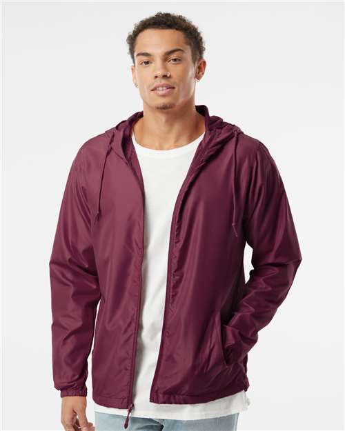 Independent Trading Co. EXP54LWZ Men's Lightweight Windbreaker Full-Zip Jacket - Maroon - model front