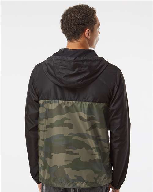 Independent Trading Co. EXP54LWZ Men's Lightweight Windbreaker Full-Zip Jacket - Black/ Forest Camo - model back