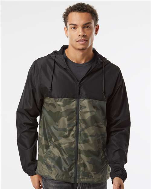 Independent Trading Co. EXP54LWZ Men's Lightweight Windbreaker Full-Zip Jacket - Black/ Forest Camo - model front