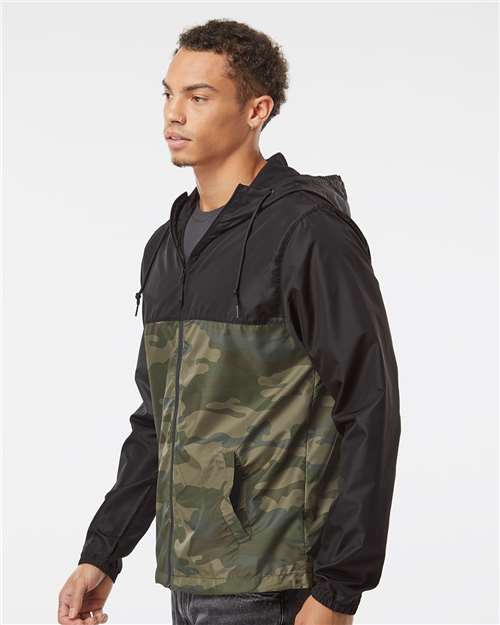 Independent Trading Co. EXP54LWZ Men's Lightweight Windbreaker Full-Zip Jacket - Black/ Forest Camo - model side
