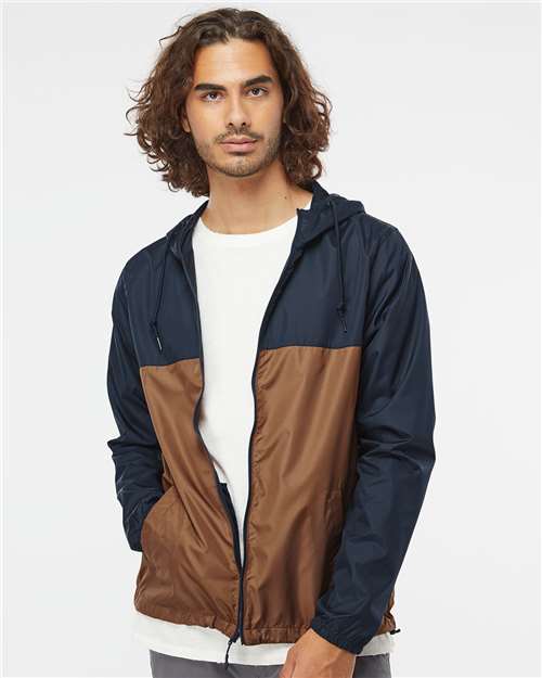 Independent Trading Co. EXP54LWZ Men's Lightweight Windbreaker Full-Zip Jacket - Classic Navy/ Saddle - model front