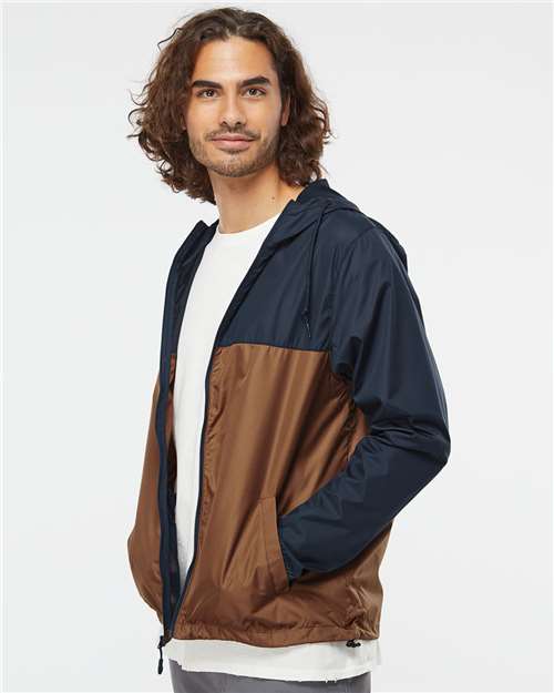 Independent Trading Co. EXP54LWZ Men's Lightweight Windbreaker Full-Zip Jacket - Classic Navy/ Saddle - model side