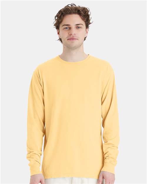 Hanes GDH200 Unisex Garment-Dyed Long Sleeve T-Shirt - Summer Squash Yellow - model front