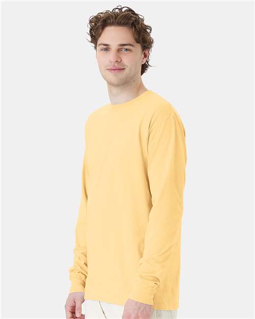 Hanes GDH200 Unisex Garment-Dyed Long Sleeve T-Shirt - Summer Squash Yellow - model side