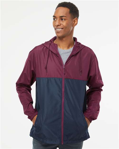 Independent Trading Co. EXP54LWZ Men's Lightweight Windbreaker Full-Zip Jacket - Maroon/ Classic Navy - model front