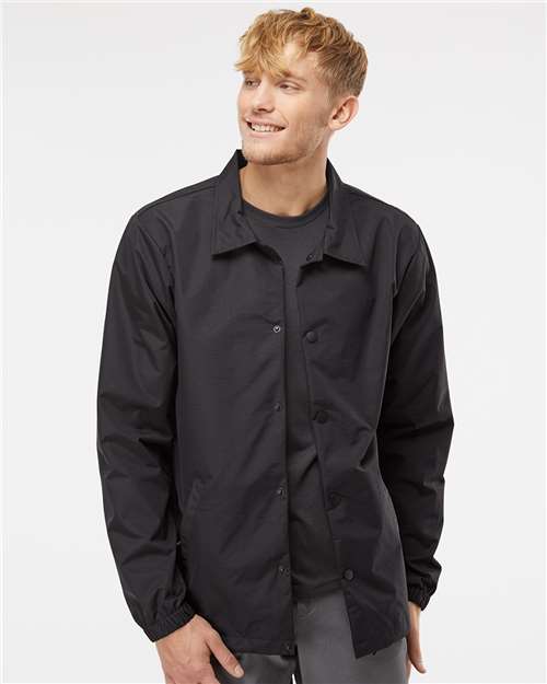 Independent Trading Co. EXP99CNB Men's Water-Resistant Windbreaker Coach’s Jacket - Black/ Black - model front
