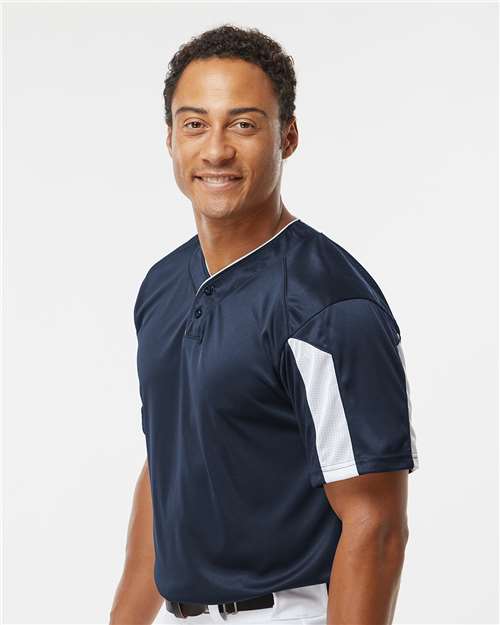 Alleson Athletic 7976 Men's Striker Placket - Navy/ White - model side