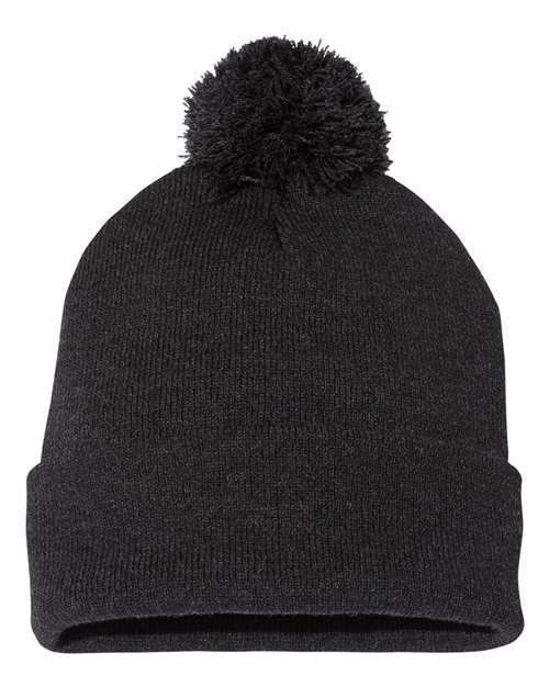 Sportsman SP15 12" Pom-Pom Cuffed Beanie - Heather Charcoal - front