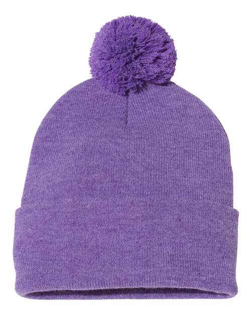 Sportsman SP15 12" Pom-Pom Cuffed Beanie - Heather Purple - front