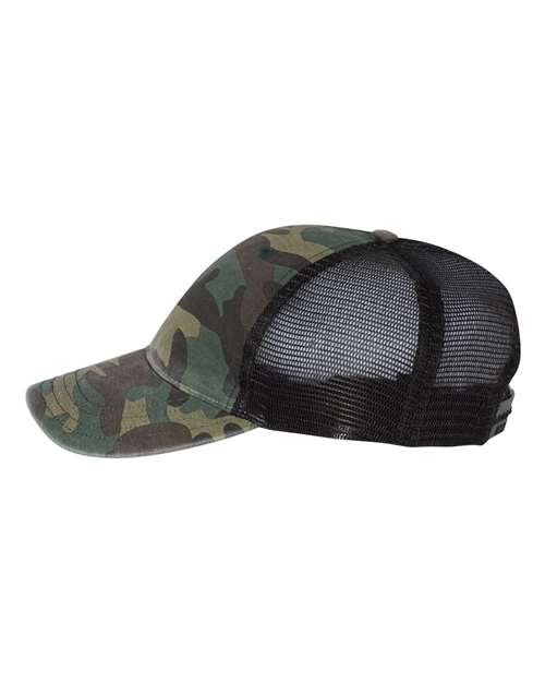 Richardson 111P Garment Washed Printed Trucker Cap - Green Camo/ Black - side