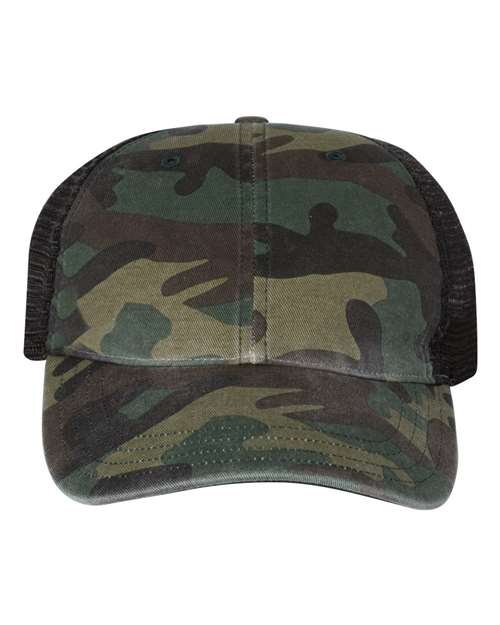 Richardson 111P Garment Washed Printed Trucker Cap - Green Camo/ Black - front