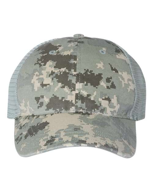 Richardson 111P Garment Washed Printed Trucker Cap - Military Digital Camo/ Light Green - front