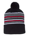 Sportsman SP60 12" Striped Pom-Pom Cuffed Beanie - Black/ White/ Grey/ Red - back