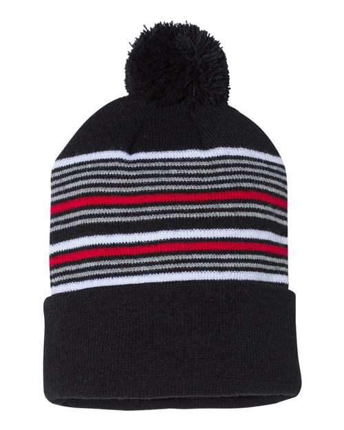 Sportsman SP60 12" Striped Pom-Pom Cuffed Beanie - Black/ White/ Grey/ Red - back