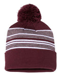 Sportsman SP60 12" Striped Pom-Pom Cuffed Beanie - Maroon/ White/ Grey - front