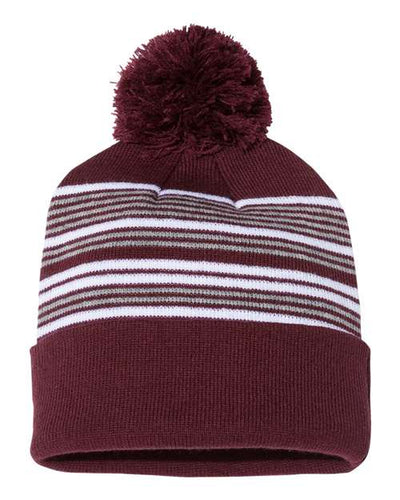 Sportsman SP60 12" Striped Pom-Pom Cuffed Beanie - Maroon/ White/ Grey - front