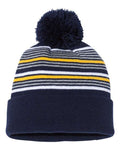 Sportsman SP60 12" Striped Pom-Pom Cuffed Beanie - Navy/ White/ Grey/ Gold - back