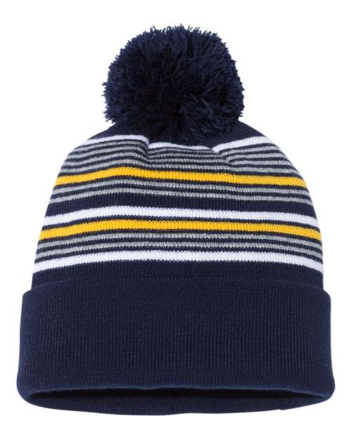 Sportsman SP60 12" Striped Pom-Pom Cuffed Beanie - Navy/ White/ Grey/ Gold - back