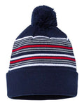 Sportsman SP60 12" Striped Pom-Pom Cuffed Beanie - Navy/ White/ Grey/ Red - front