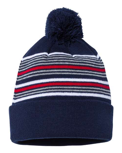 Sportsman SP60 12" Striped Pom-Pom Cuffed Beanie - Navy/ White/ Grey/ Red - front