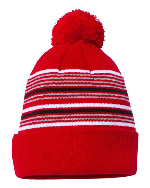 Sportsman SP60 12" Striped Pom-Pom Cuffed Beanie - Red/ White/ Grey/ Black - back