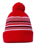 Sportsman SP60 12" Striped Pom-Pom Cuffed Beanie - Red/ White/ Grey/ Black - front