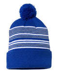 Sportsman SP60 12" Striped Pom-Pom Cuffed Beanie - Royal/ White/ Grey - front