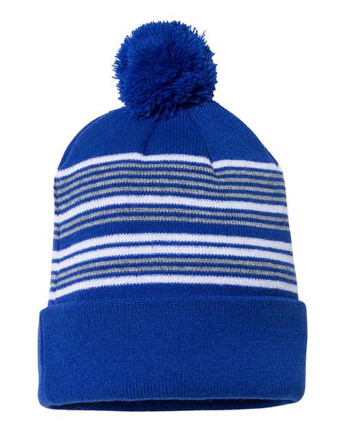 Sportsman SP60 12" Striped Pom-Pom Cuffed Beanie - Royal/ White/ Grey - front