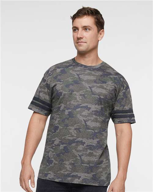 LAT 6937 Unisex Football Fine Jersey Tee - Vintage Camo/ Vintage Smoke - model front