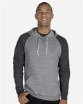 Jerzees 90MR Unisex Snow Heather French Terry Raglan Hooded Sweatshirt - Charcoal/ Black Ink - model front