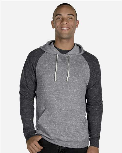 Jerzees 90MR Unisex Snow Heather French Terry Raglan Hooded Sweatshirt - Charcoal/ Black Ink - model front