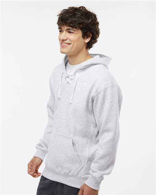 J. America 8830 Men's Sport Lace Hooded Sweatshirt - Ash Heather - model side