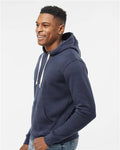 J America 8871 Triblend Fleece Hooded Sweatshirt - True Navy Triblend - model side