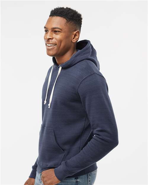 J America 8871 Triblend Fleece Hooded Sweatshirt - True Navy Triblend - model side