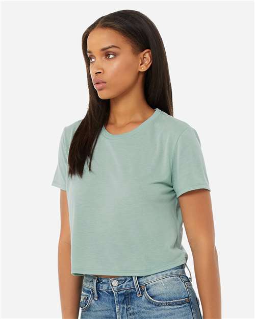 BELLA + CANVAS 8882 Women’s Flowy Crop Tee - Dusty Blue - model side
