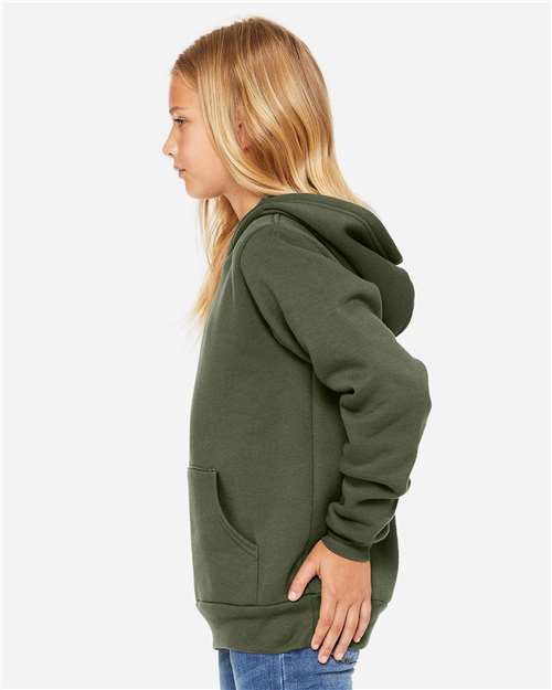 BELLA + CANVAS 3719Y Youth Sponge Fleece Hoodie Sweatshirt - Military Green - model side