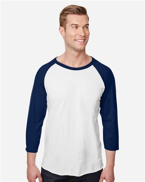 Jerzees 560RR Premium Blend Ringspun Three-Quarter Sleeve Raglan Baseball T-Shirt - White/ J. Navy - model front