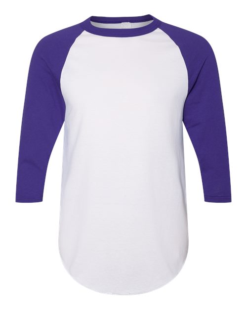 Augusta Sportswear 4420 Unisex Three-Quarter Raglan Sleeve Baseball Jersey T-Shirt - White/ Purple - front