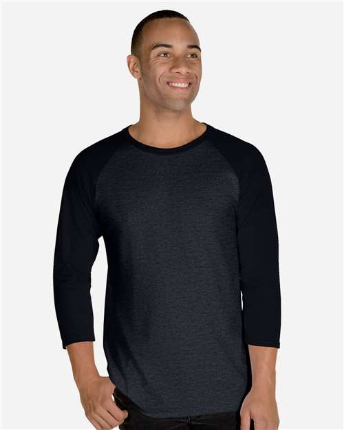 Jerzees 560RR Premium Blend Ringspun Three-Quarter Sleeve Raglan Baseball T-Shirt - Black Ink Heather/ Black Ink - model front
