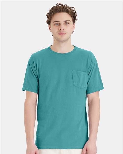 Hanes GDH150 Unisex Garment-Dyed Pocket T-Shirt - Spanish Moss - model front