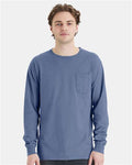 Hanes GDH250 Unisex Garment-Dyed Long Sleeve T-Shirt With a Pocket - Saltwater - model front