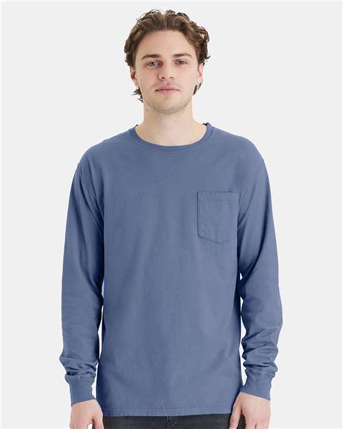Hanes GDH250 Unisex Garment-Dyed Long Sleeve T-Shirt With a Pocket - Saltwater - model front