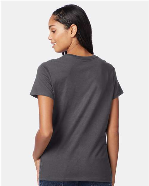 Hanes S04V Women's Perfect-T V-Neck T-Shirt - Smoke Grey - model back
