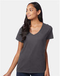 Hanes S04V Women's Perfect-T V-Neck T-Shirt - Smoke Grey - model front
