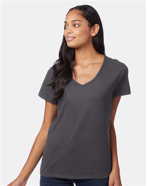 Hanes S04V Women's Perfect-T V-Neck T-Shirt - Smoke Grey - model front