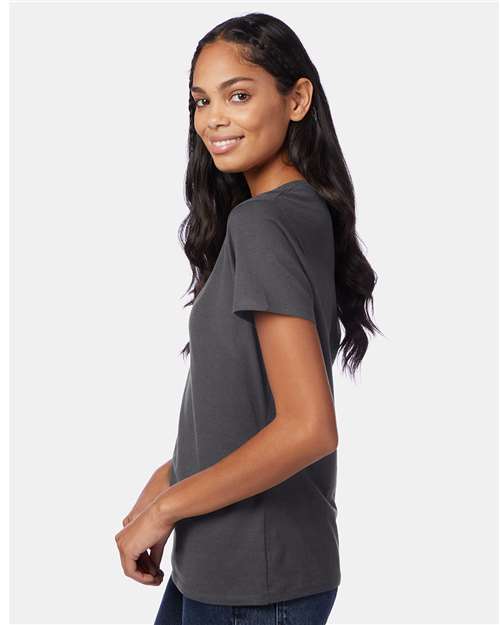 Hanes S04V Women's Perfect-T V-Neck T-Shirt - Smoke Grey - model side