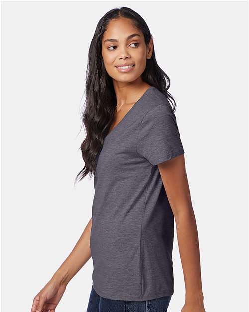 Hanes S04V Women's Perfect-T V-Neck T-Shirt - Charcoal Heather - model side