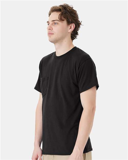Hanes W110 Unisex Workwear Pocket T-Shirt - Black - model side