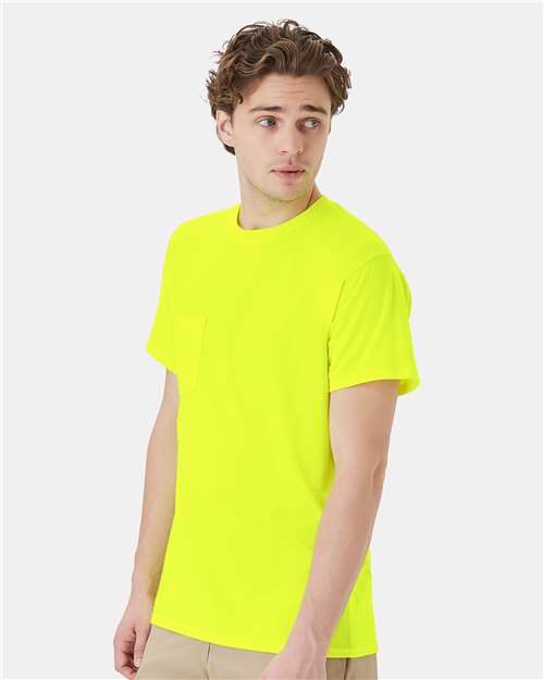 Hanes W110 Unisex Workwear Pocket T-Shirt - Safety Green - model side